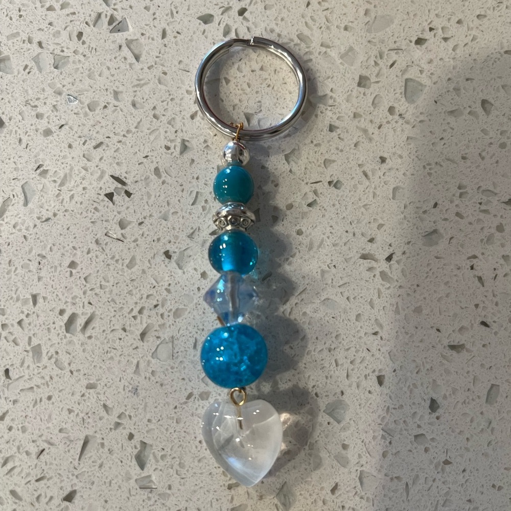Handmade Blue Glass Bead Keychain with Heart Charm